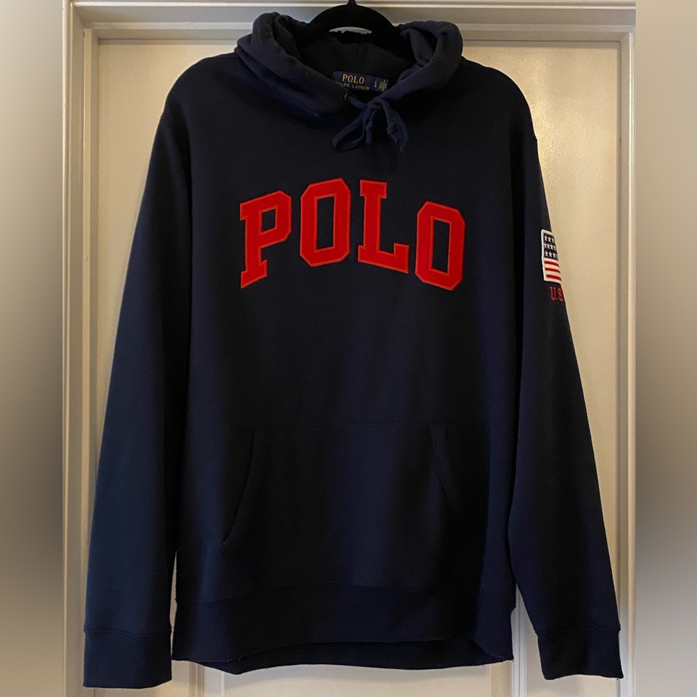 Pre-owned Polo Ralph Lauren Spellout USA Flag Navy Blue  Pullover Hoodie L